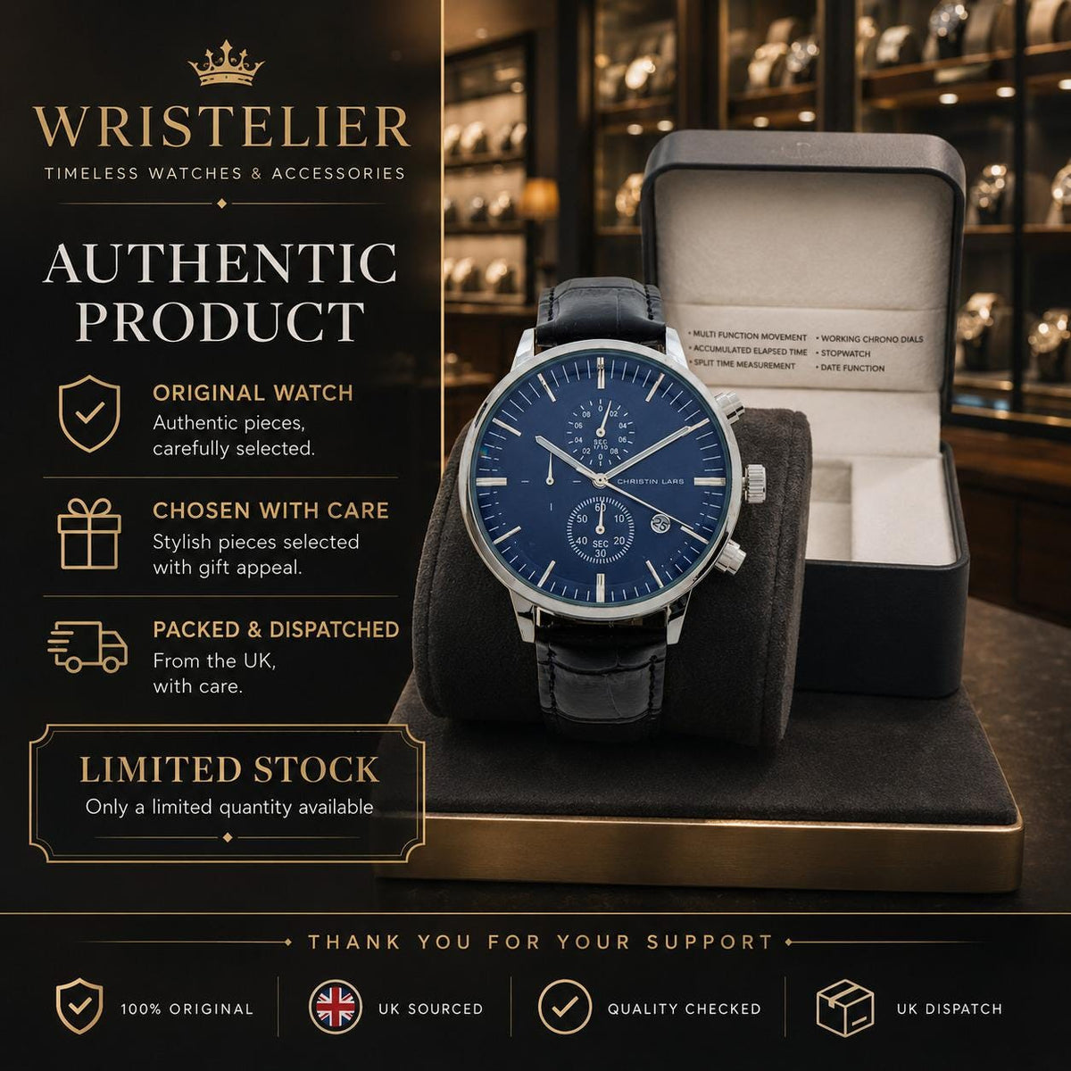 Christin Lars Navy Dial Chronograph Watch, Black Leather Strap, Mens Gift