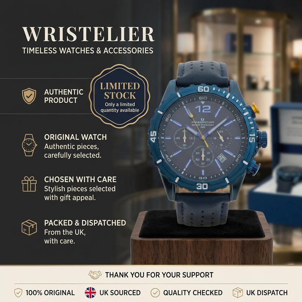 Predator Navy Blue Chronograph Watch, Men's Sports Gift, Perforated Strap