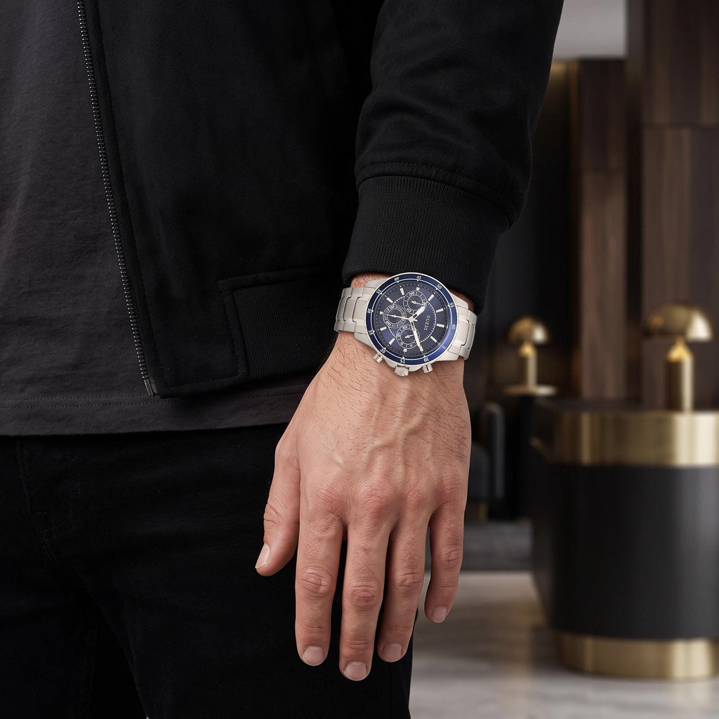 Guess Blue & Silver Stainless Steel Watch, Mens Gift, Chronograph Link Bracelet