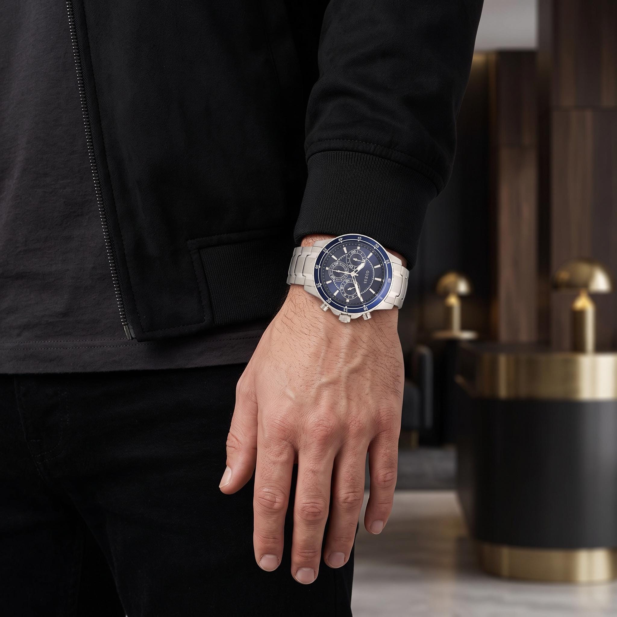 Guess Blue & Silver Stainless Steel Watch, Mens Gift, Chronograph Link Bracelet