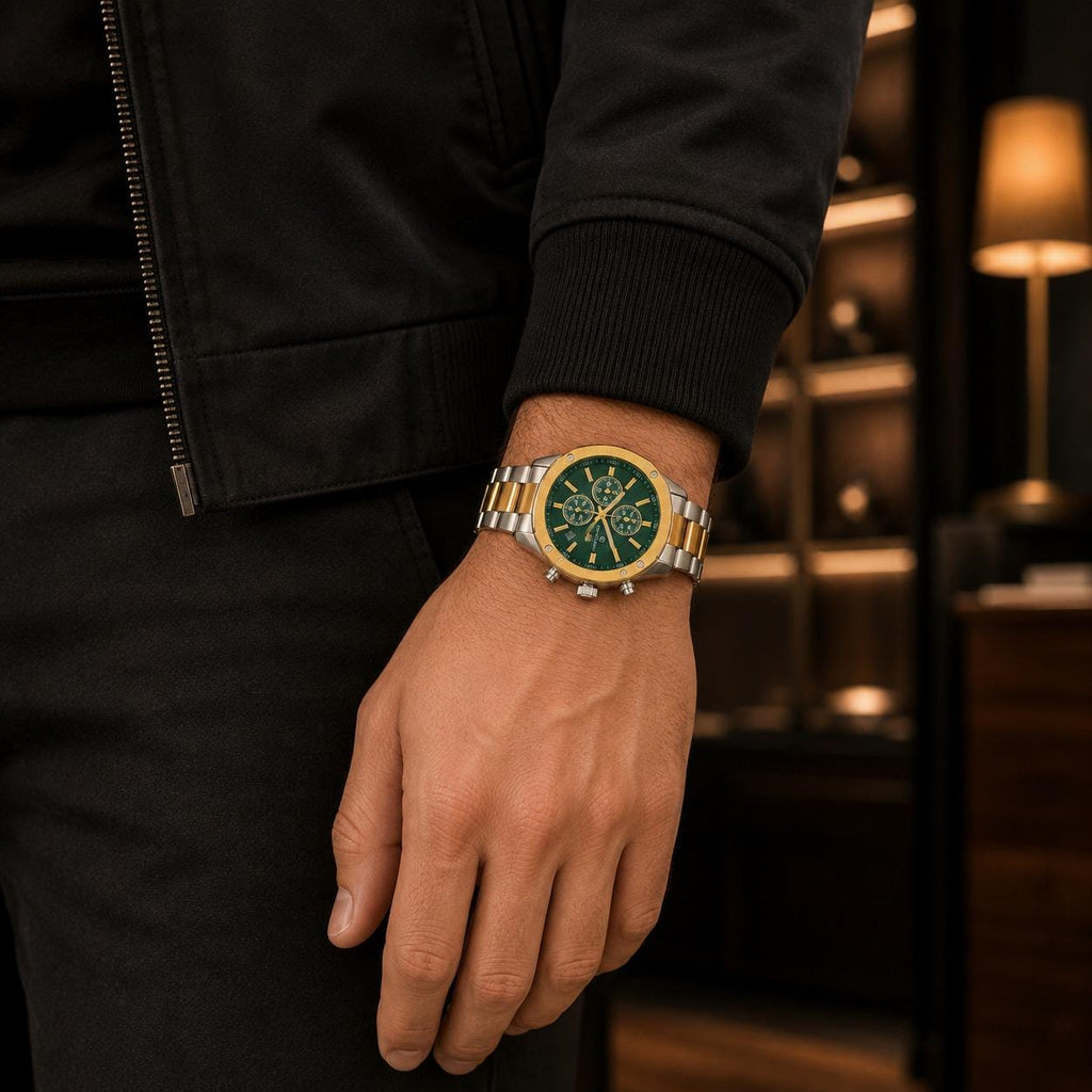 Gianni Sabatini Green Chronograph Watch, Two Tone Stainless Steel, Mens Gift