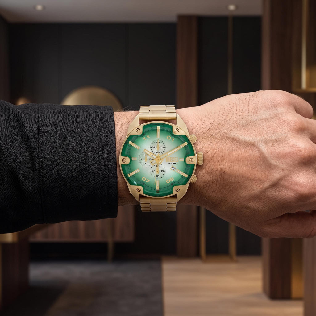Diesel Green & Gold Chronograph Watch, Mens Stainless Steel Gift, Bold Bold