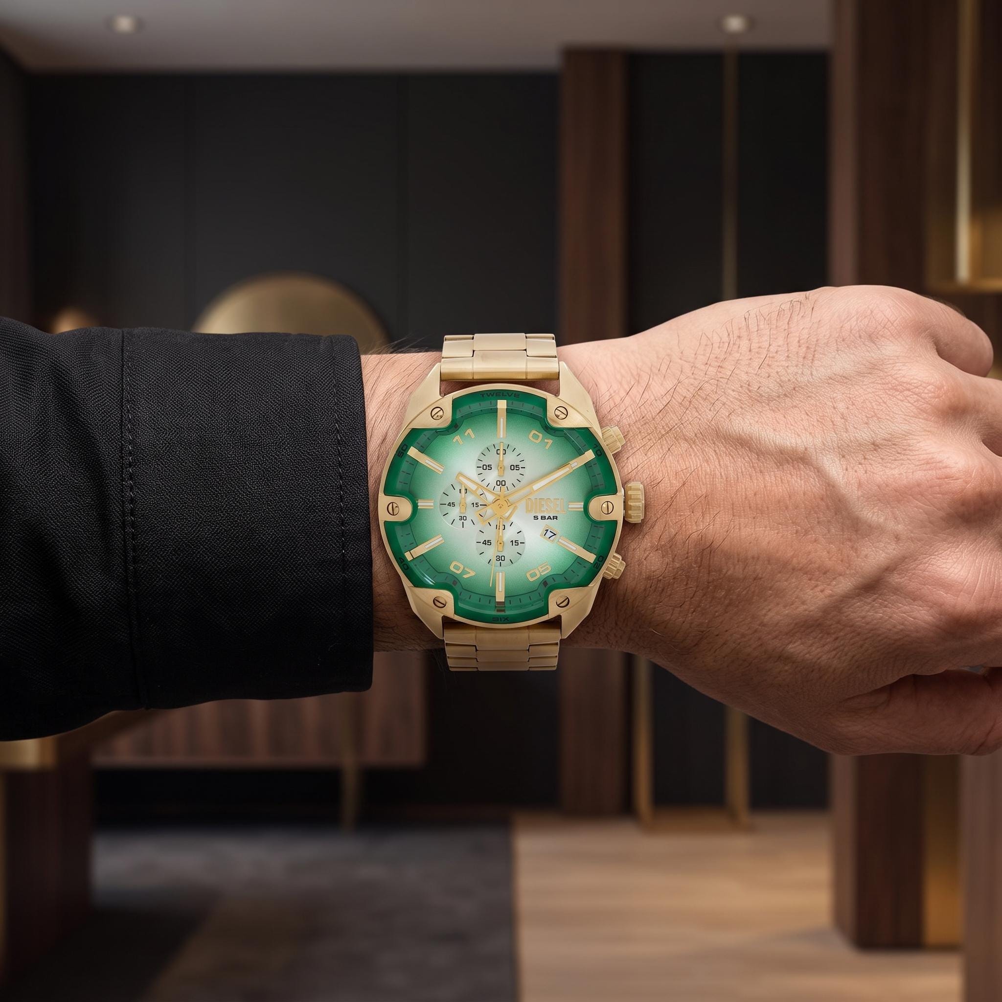 Diesel Green & Gold Chronograph Watch, Mens Stainless Steel Gift, Bold Bold