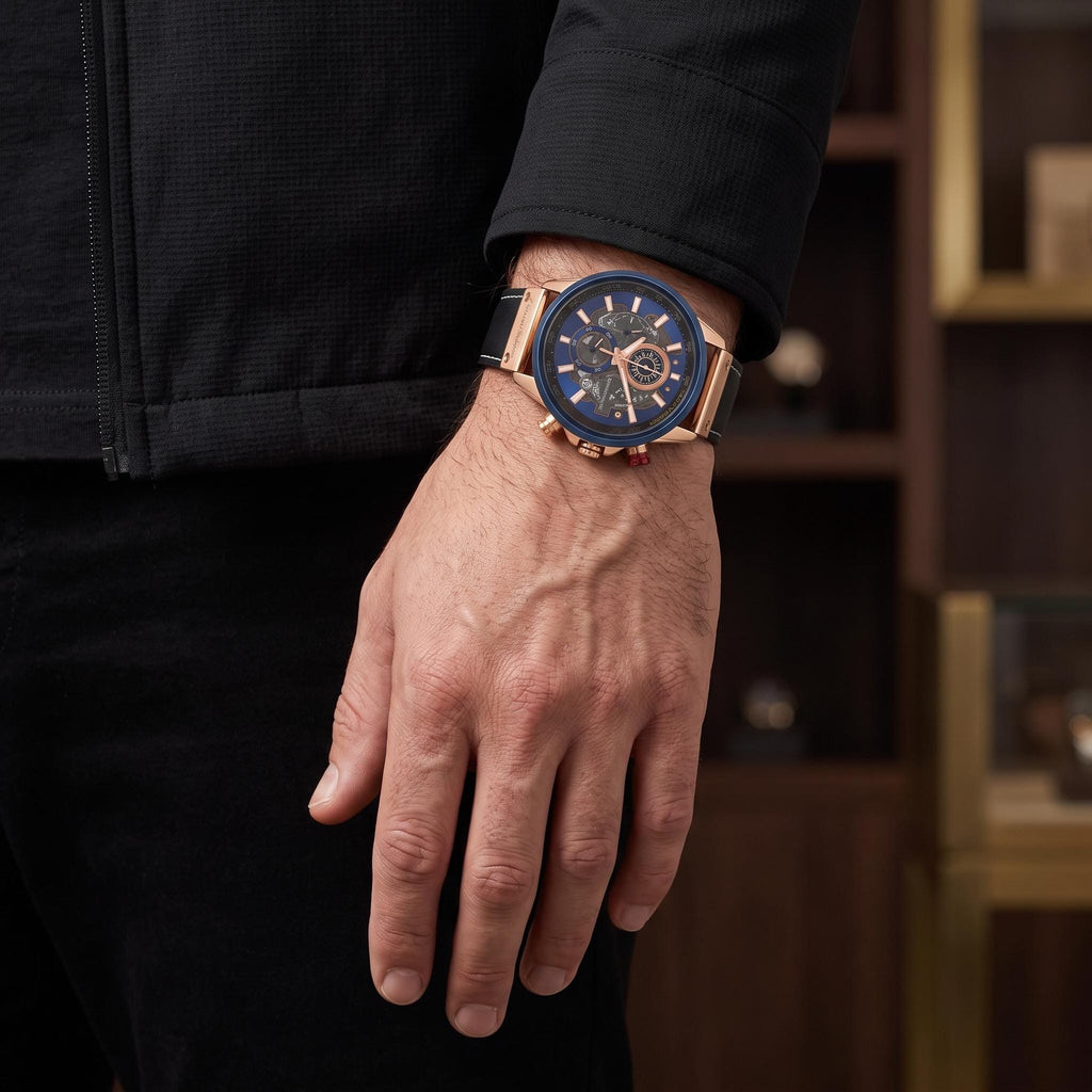 Gianni Sabatini Chronograph Watch, Rose Gold Blue Skeleton Dial Leather Mens Gift