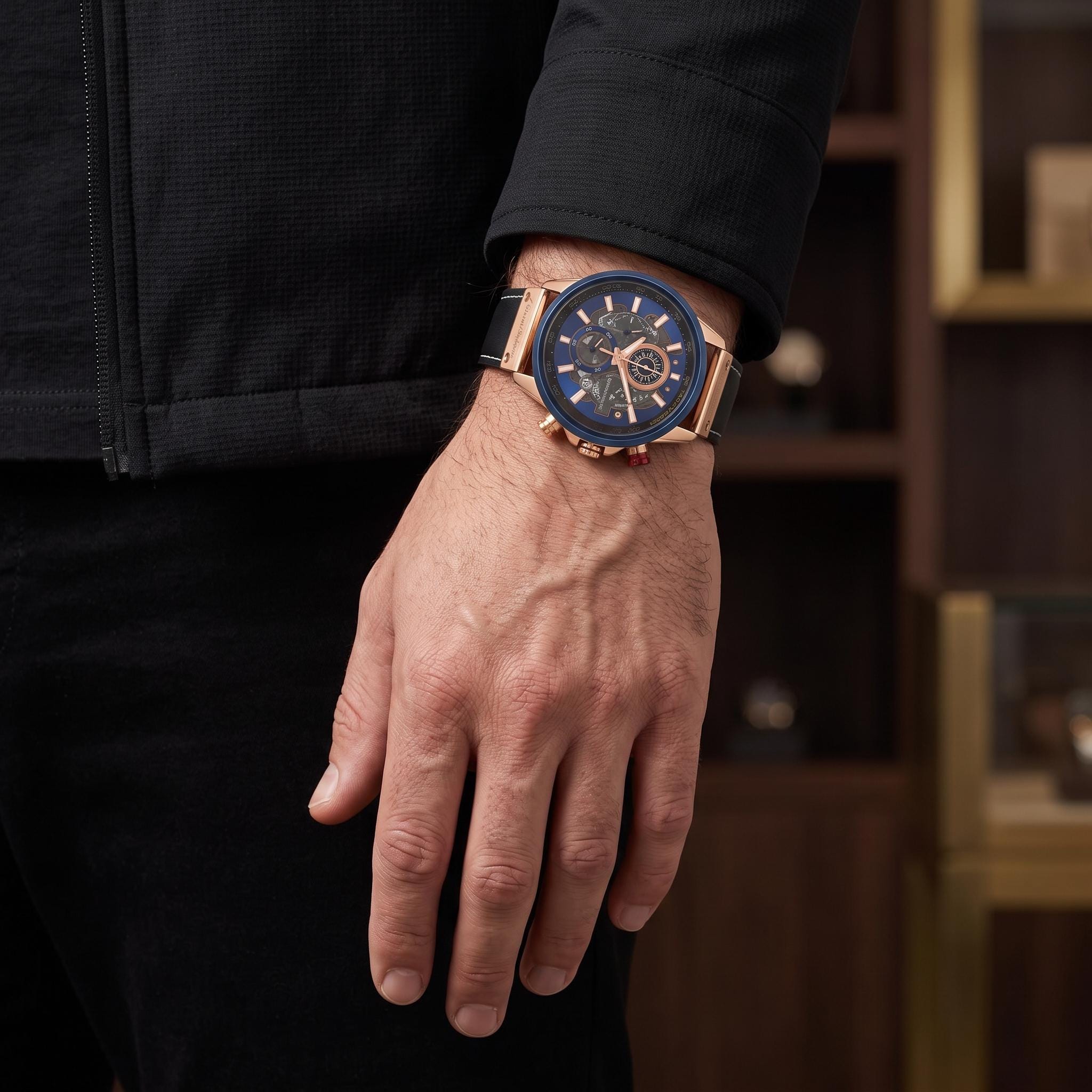 Gianni Sabatini Chronograph Watch, Rose Gold Blue Skeleton Dial Leather Mens Gift