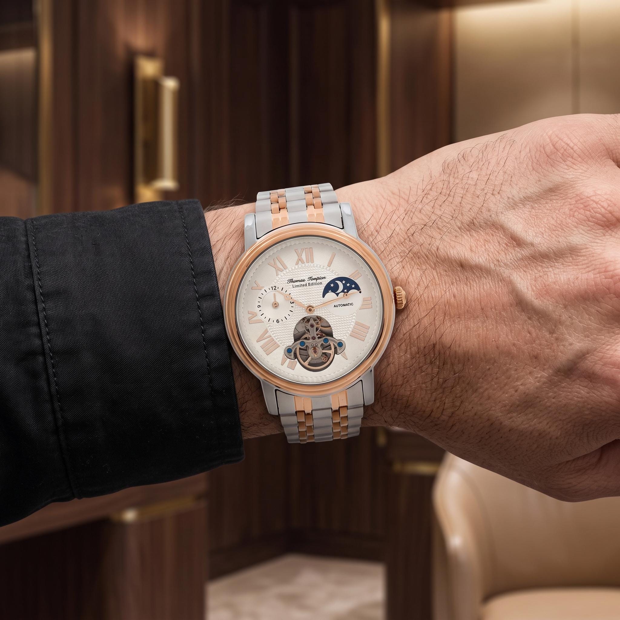 Thomas Tompion Automatic Watch, Two-Tone Steel, Open Heart Moonphase Gift