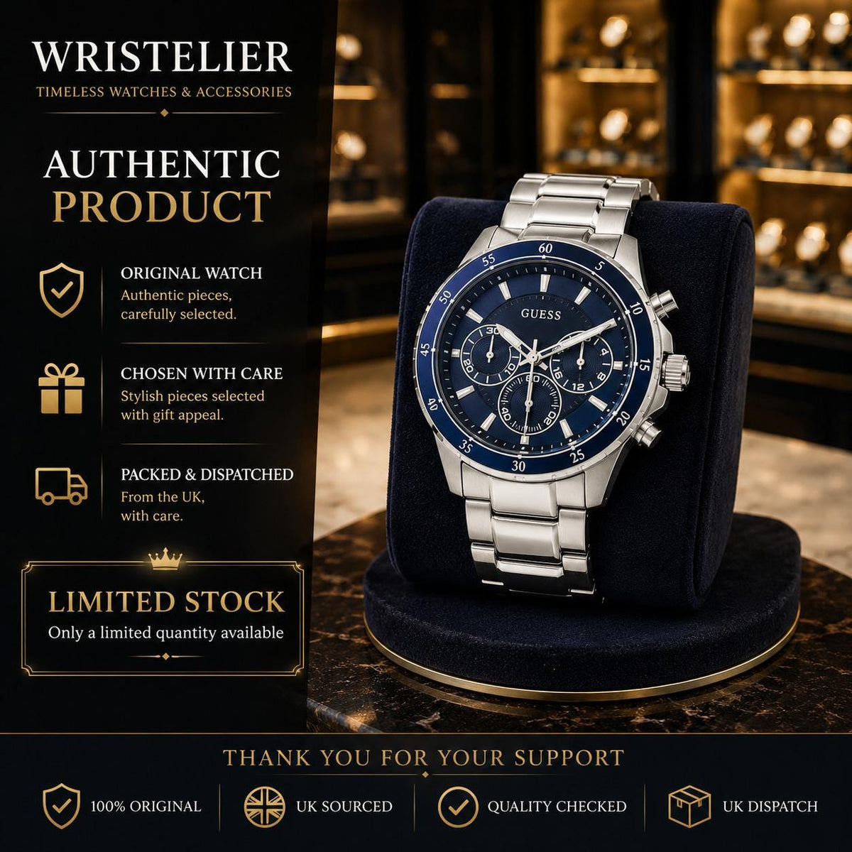 Guess Blue & Silver Chronograph Watch, Mens Stainless Steel Gift, Blue Bezel