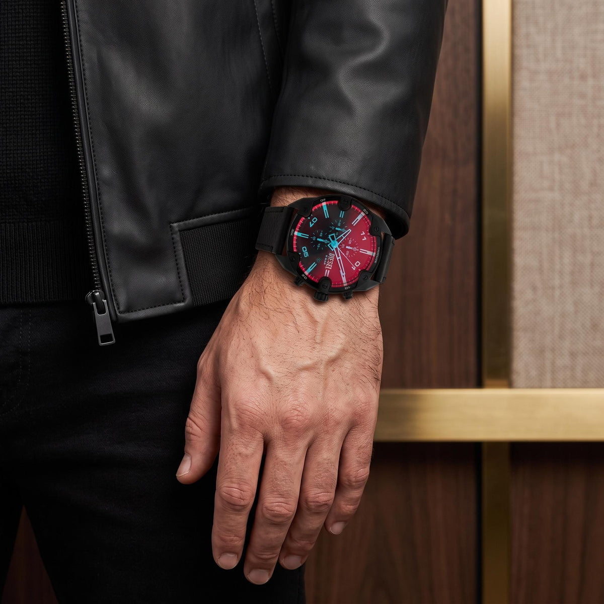 Diesel Black Leather Chronograph Watch, Bold Mens Gift, Black And Red Dial