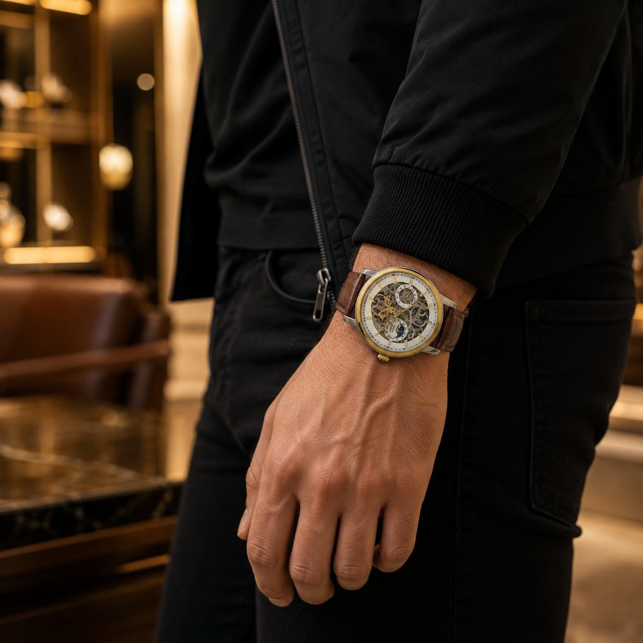 Thomas Tompion Brown Leather Automatic Watch, Skeleton Dial, Mens Gift