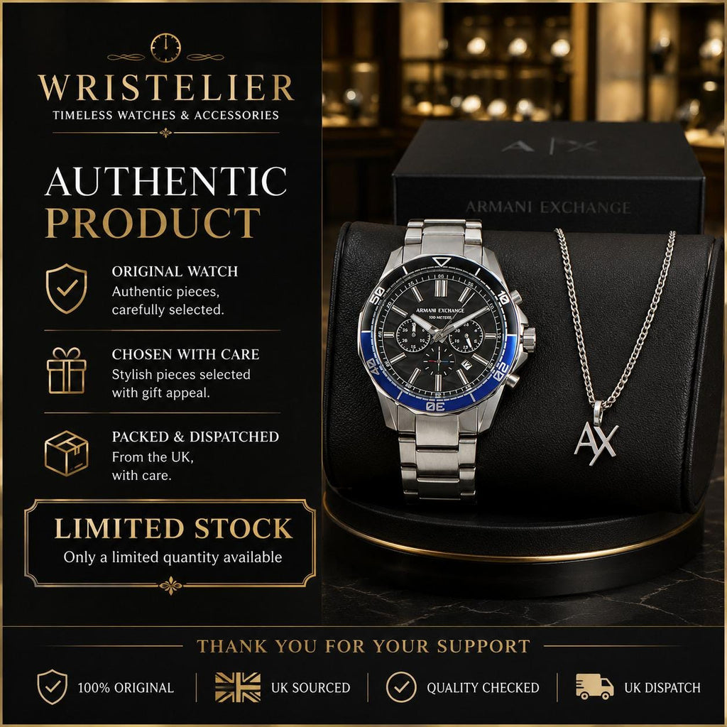 Armani Exchange Chronograph Watch & Necklace Set, Silver Steel, Mens Gift