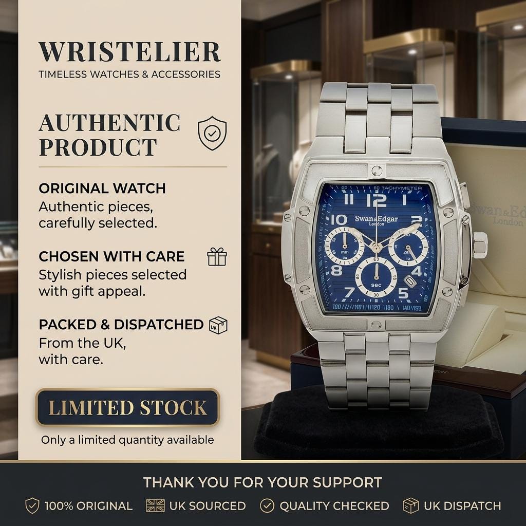 Swan & Edgar Blue Watch, Silver Tone Steel Mens Chronograph Gift