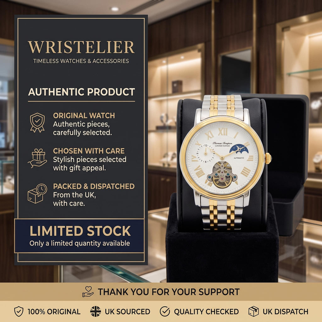 Thomas Tompion Two Tone Automatic Watch, Mens Gold Silver Skeleton Gift