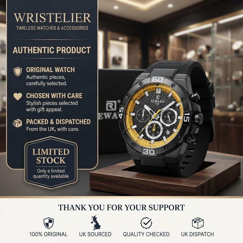 Reward Black Yellow Chronograph Watch, Mens Sport Gift, Silicone Band
