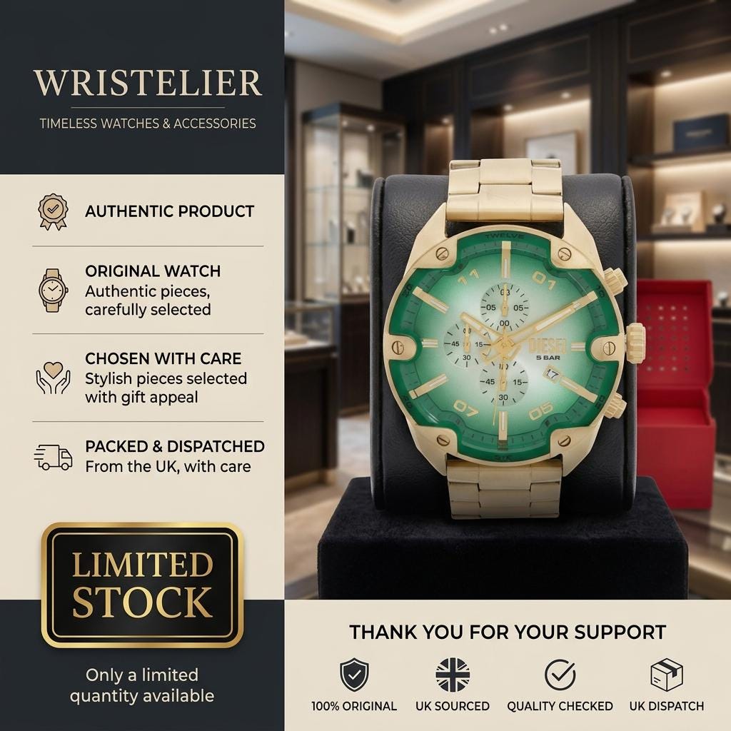 Diesel Green & Gold Chronograph Watch, Mens Stainless Steel Gift, Bold Bold
