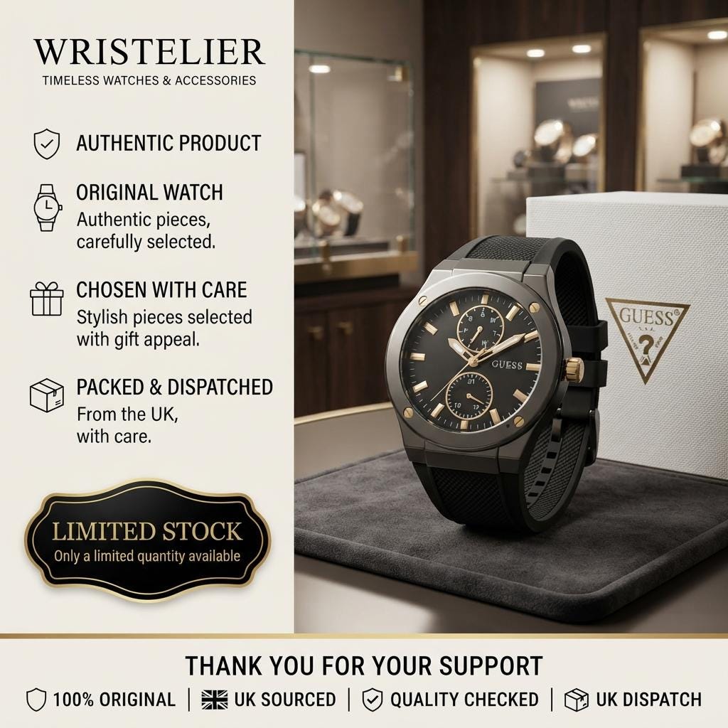 Guess Black & Gold Chronograph Watch, Mens Silicone Strap Gift Minimalist