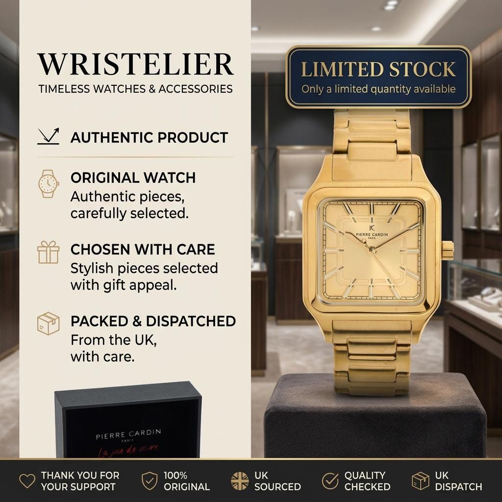 Pierre Cardin Gold Tone Square Watch, Stainless Steel Link Bracelet, Mens Gift
