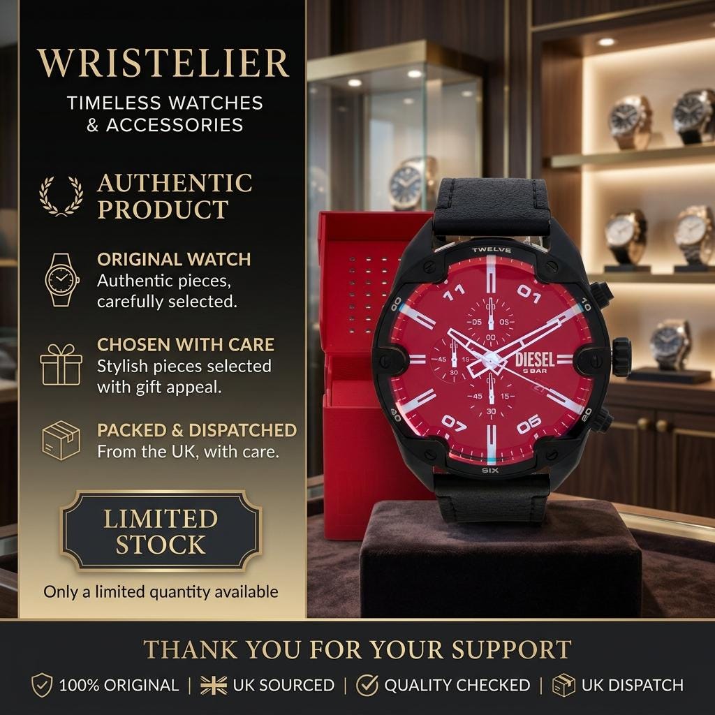 Diesel Black Leather Chronograph Watch,  Mens Gift, Red Dial