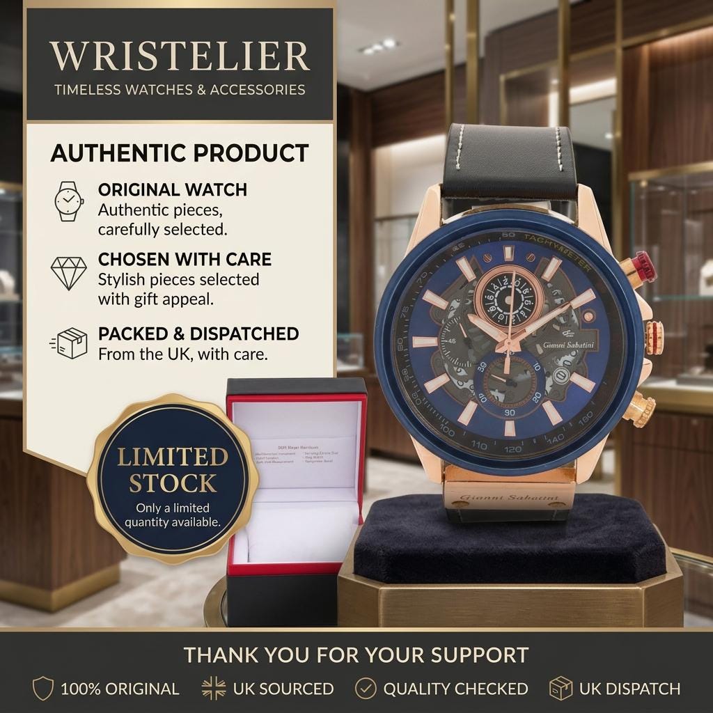 Gianni Sabatini Chronograph Watch, Rose Gold Blue Skeleton Dial Leather Mens Gift