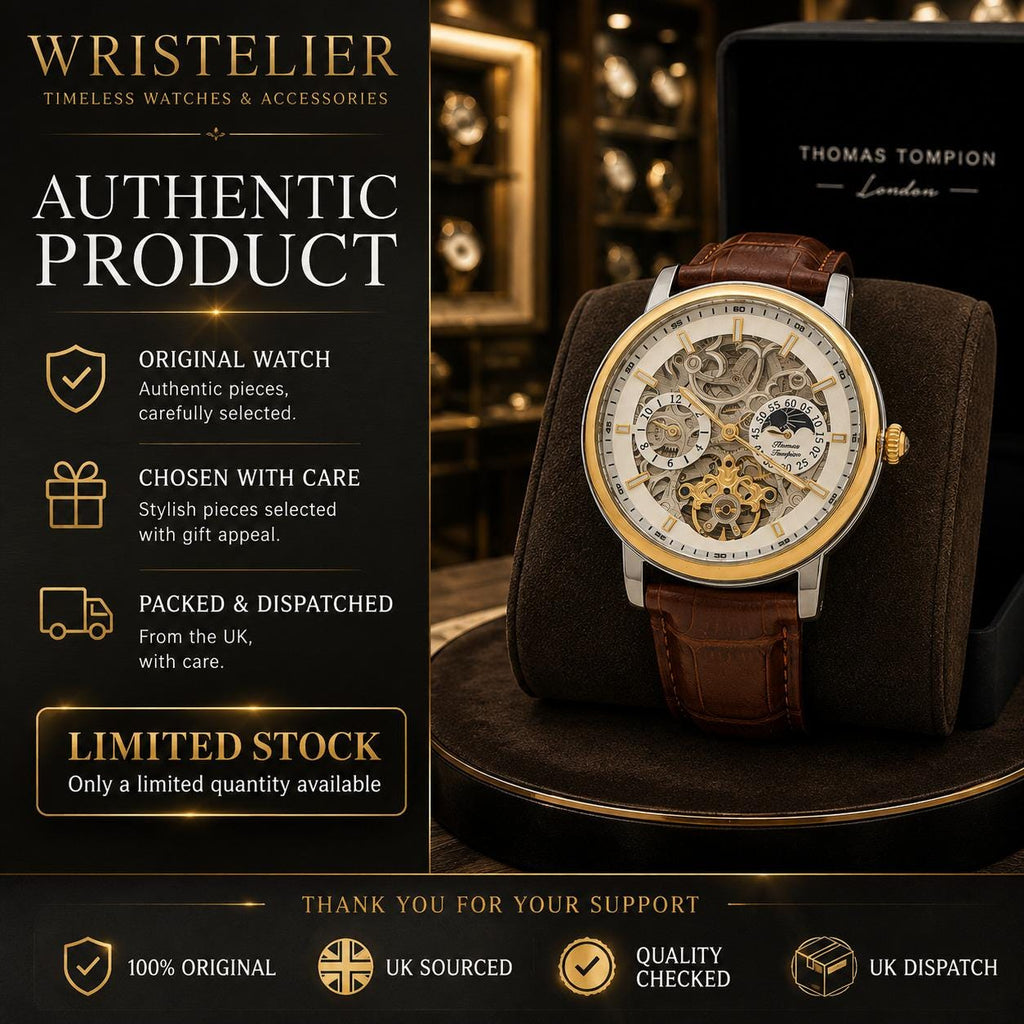 Thomas Tompion Brown Leather Automatic Watch, Skeleton Dial, Mens Gift