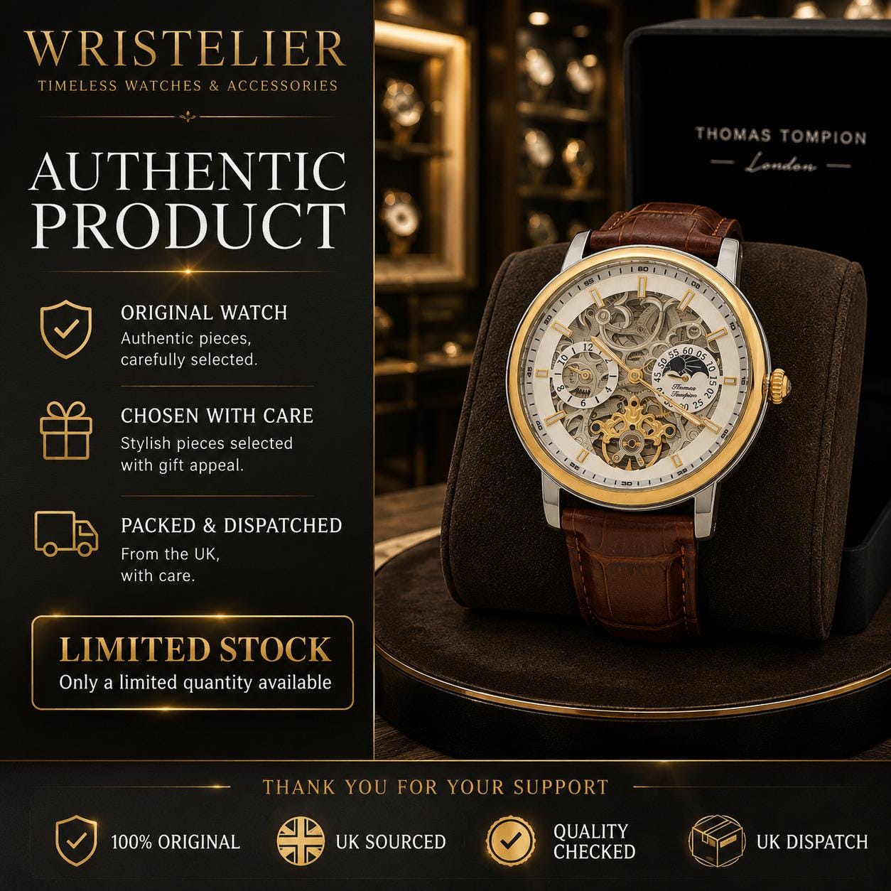 Thomas Tompion Brown Leather Automatic Watch, Skeleton Dial, Mens Gift