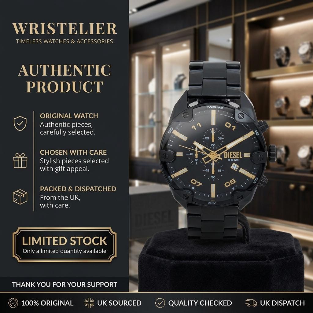 Diesel Black Gold Chronograph Watch, Mens Designer Gift, Metal Link Bracelet