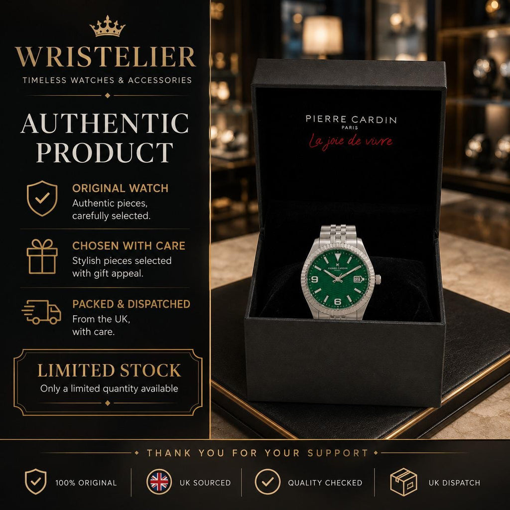 Pierre Cardin Silver Watch, Green Textured Dial, Mens Gift, Stainless Steel