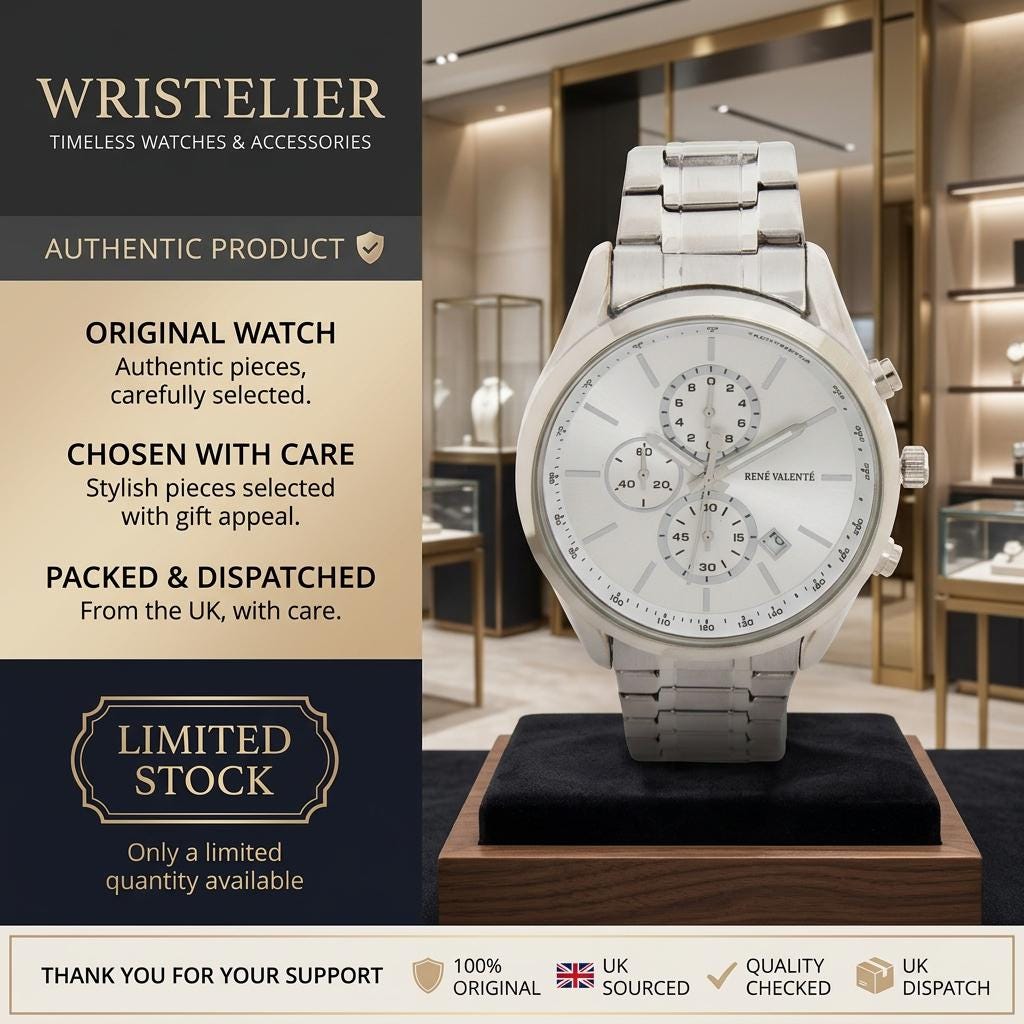 René Valenté Silver Chronograph Watch, Men's Steel Gift, White Dial Watch