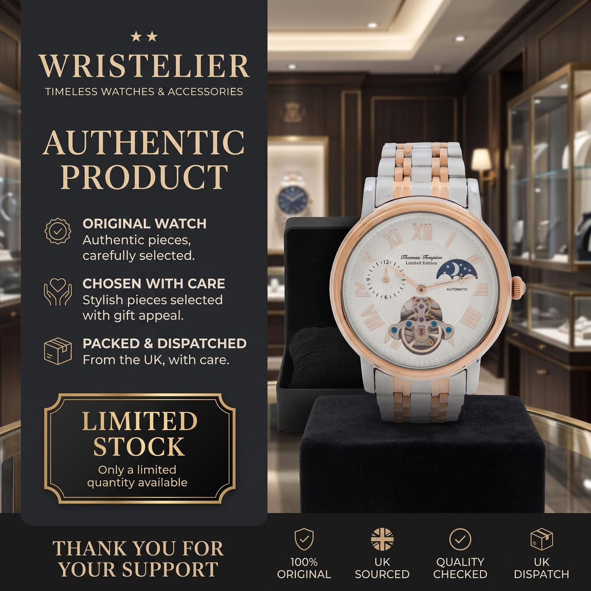 Thomas Tompion Automatic Watch, Two-Tone Steel, Open Heart Moonphase Gift