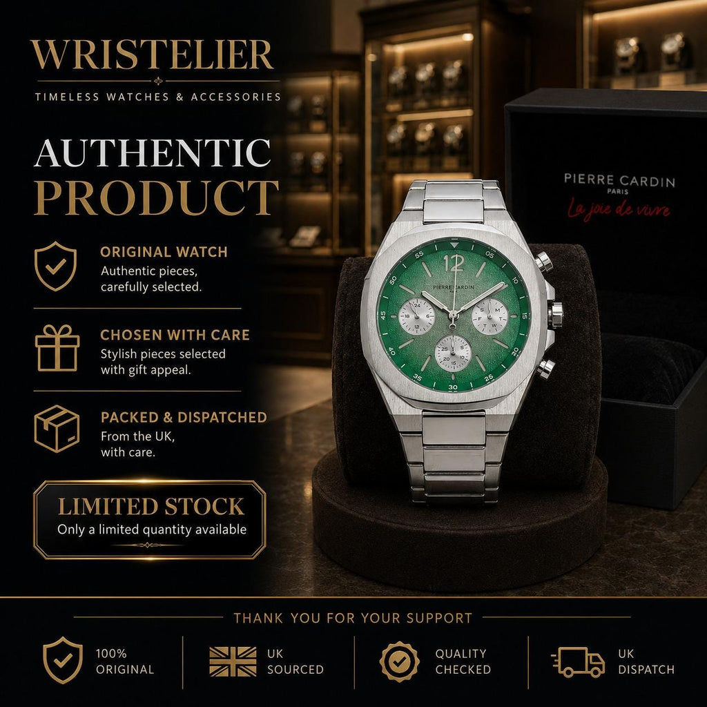 Pierre Cardin Green Dial Chronograph Watch, Stainless Steel Mens Gift