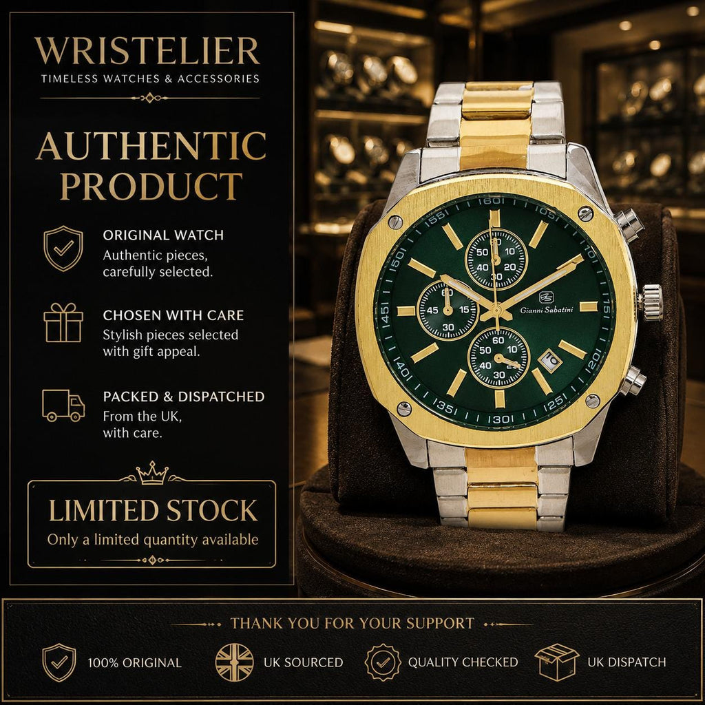 Gianni Sabatini Green Chronograph Watch, Two Tone Stainless Steel, Mens Gift