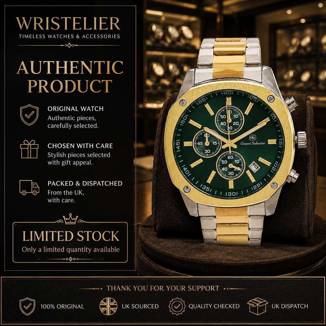 Gianni Sabatini Green Chronograph Watch, Two Tone Stainless Steel, Mens Gift