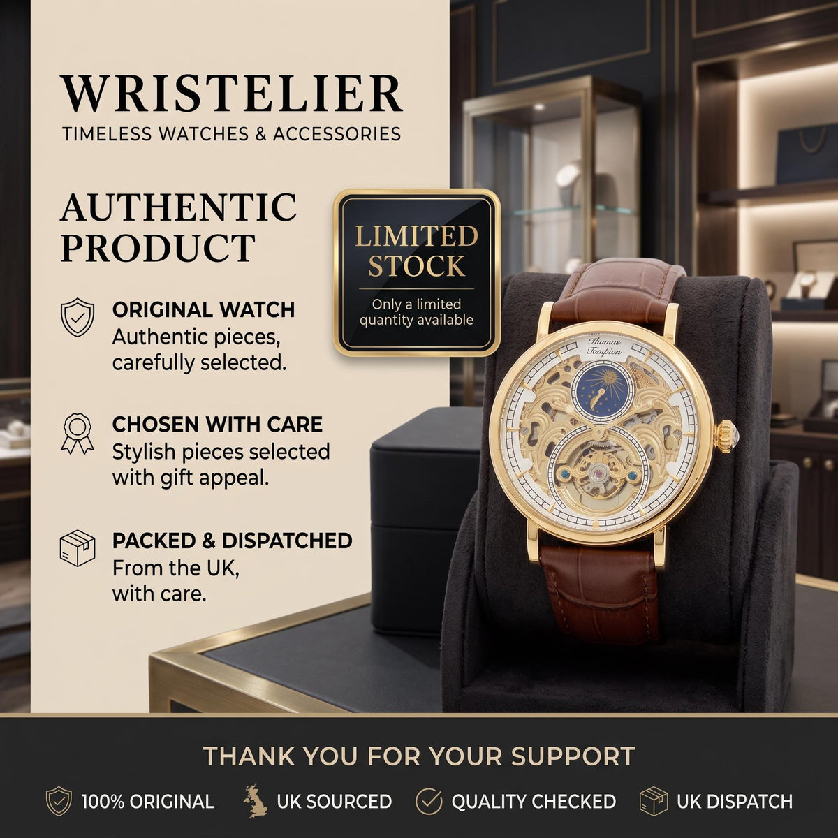 Thomas Tompion Skeleton Watch, Gold Tone Mens Gift, Brown Leather Strap