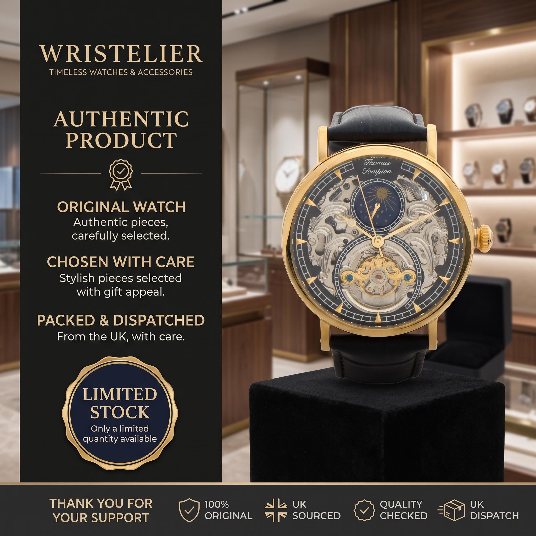 Thomas Tompion Observatory Watch, Black Gold Skeleton Dial, Mens Gift