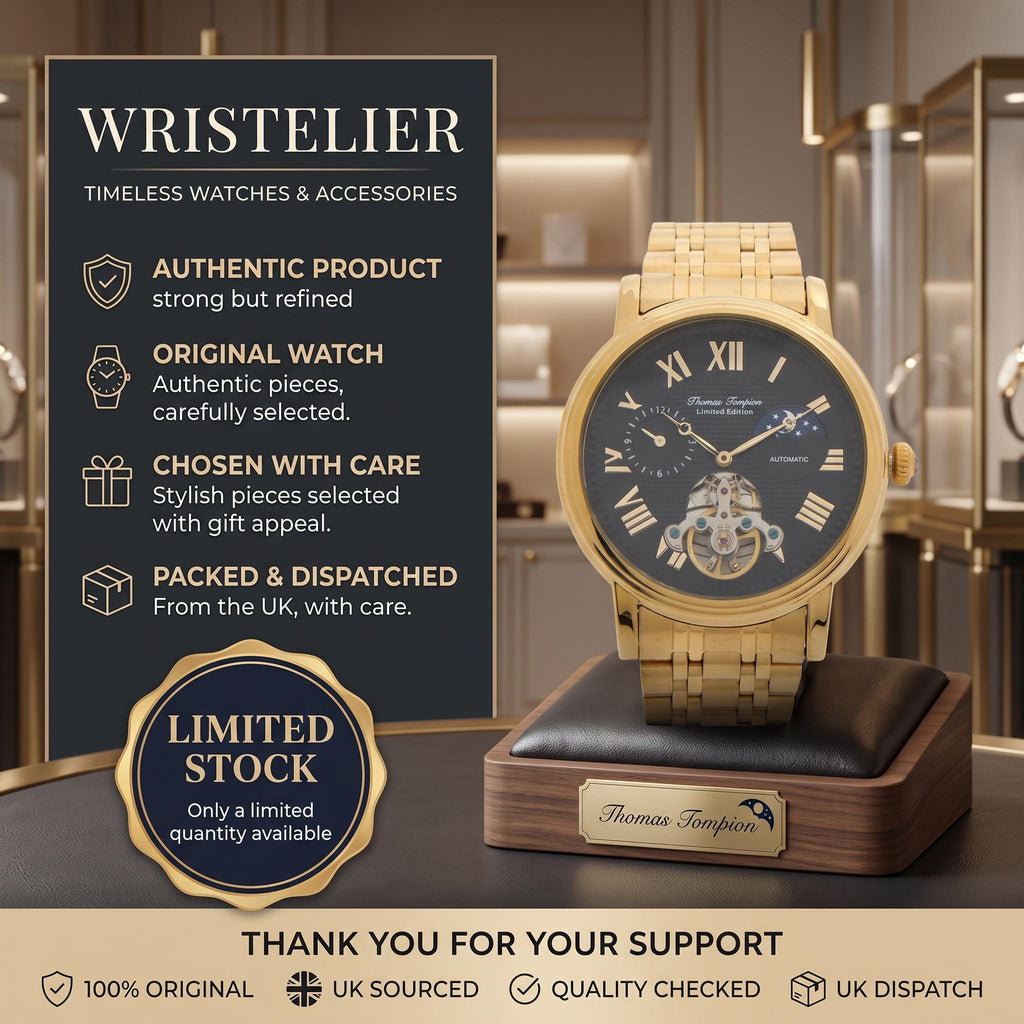 Thomas Tompion Gold Tone Automatic Watch Limited Edittion, Mens Skeleton Gift, Roman Numerals