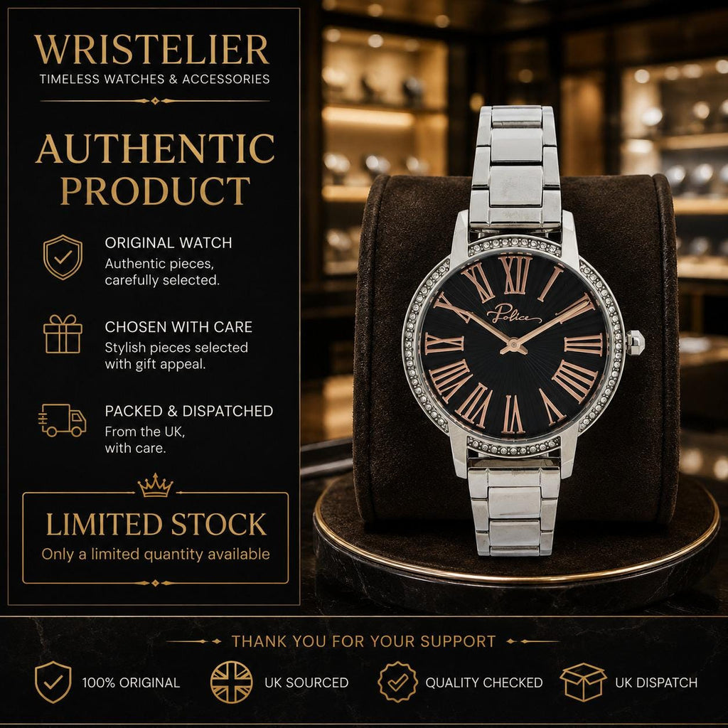Police Silver Tone Crystal Watch, Analogue Link Bracelet, Black Dial