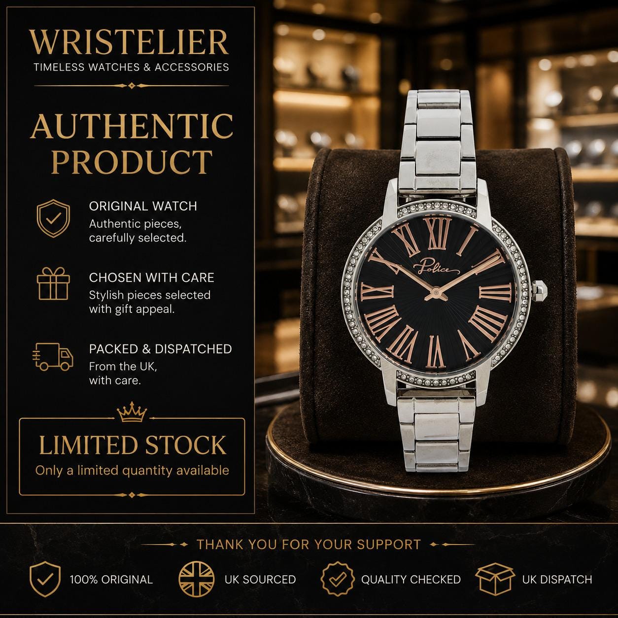 Police Silver Tone Crystal Watch, Analogue Link Bracelet, Black Dial