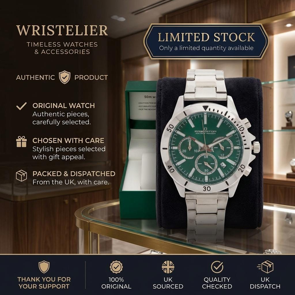 Predator Green Dial Chronograph Watch, Silver Stainless Steel Mens Gift
