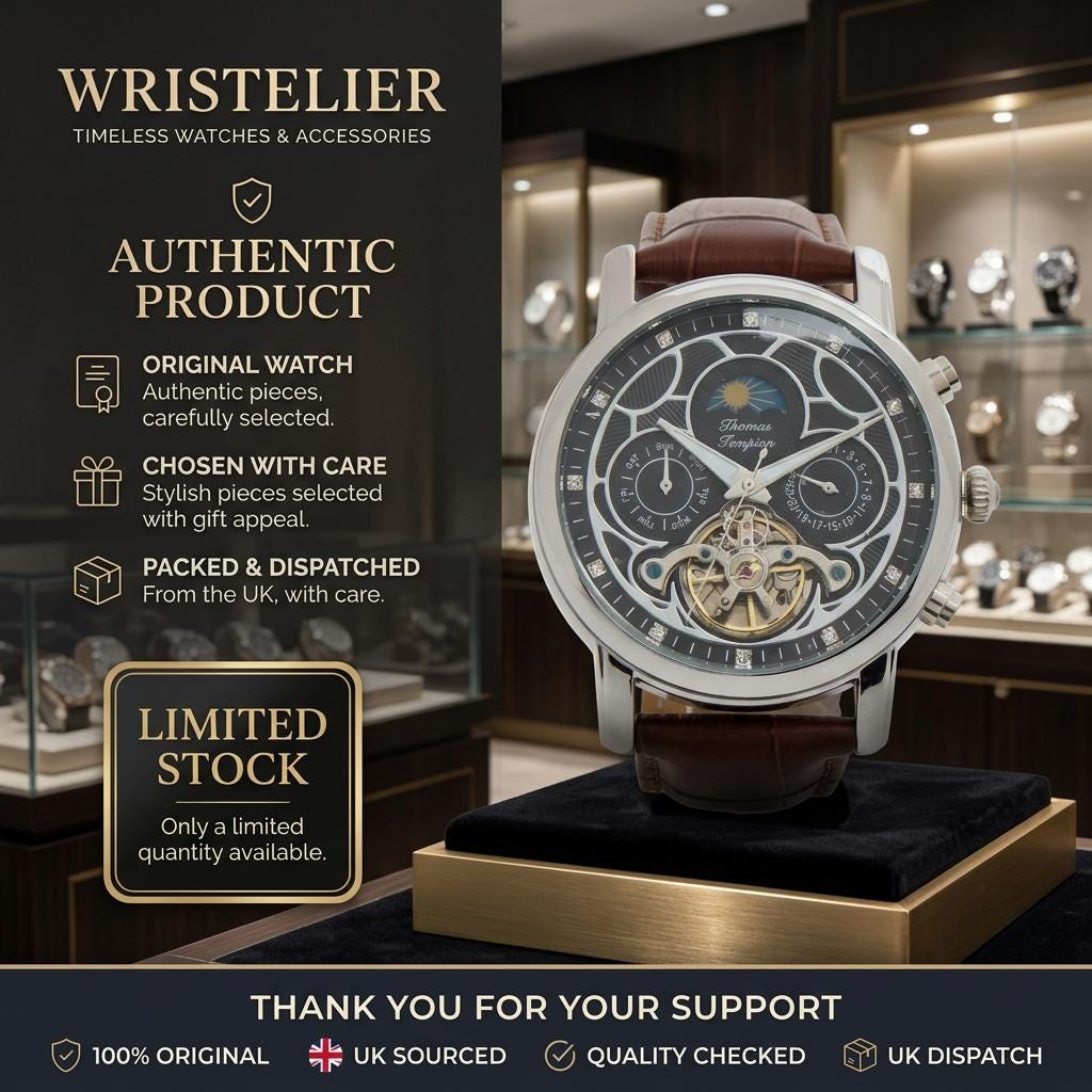 Thomas Tompion Brown Leather Skeleton Watch, Automatic Mens Gift