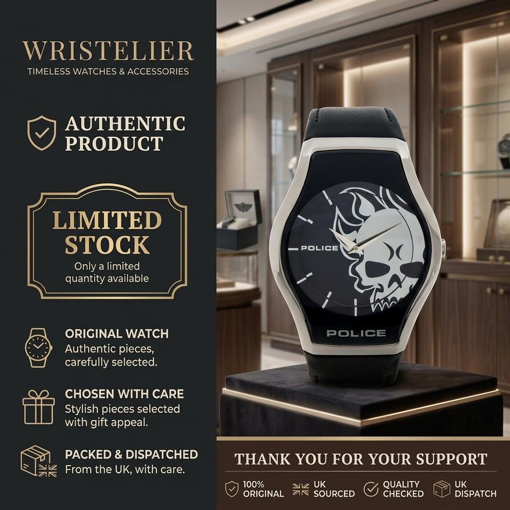 Police Black Leather Watch, Mens Designer Gift, Skull Dial