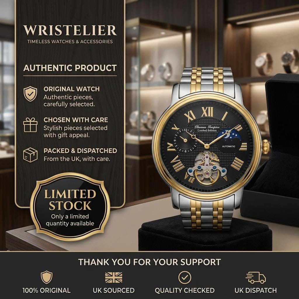 Thomas Tompion Two Tone Watch, Mens Skeleton Moonphase Gift, Stainless Steel