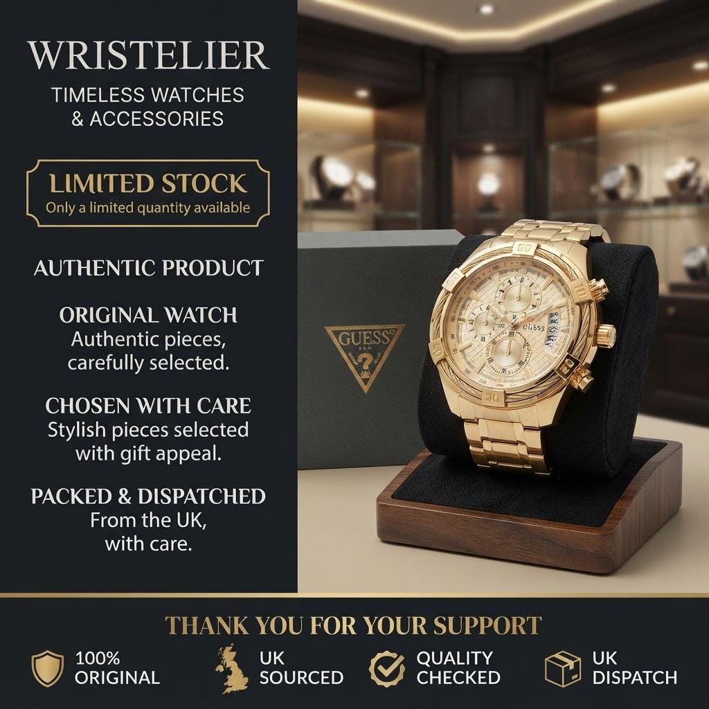 Guess Gold Chronograph Watch, Mens Statement Gift, Stainless Steel Link Bracelet