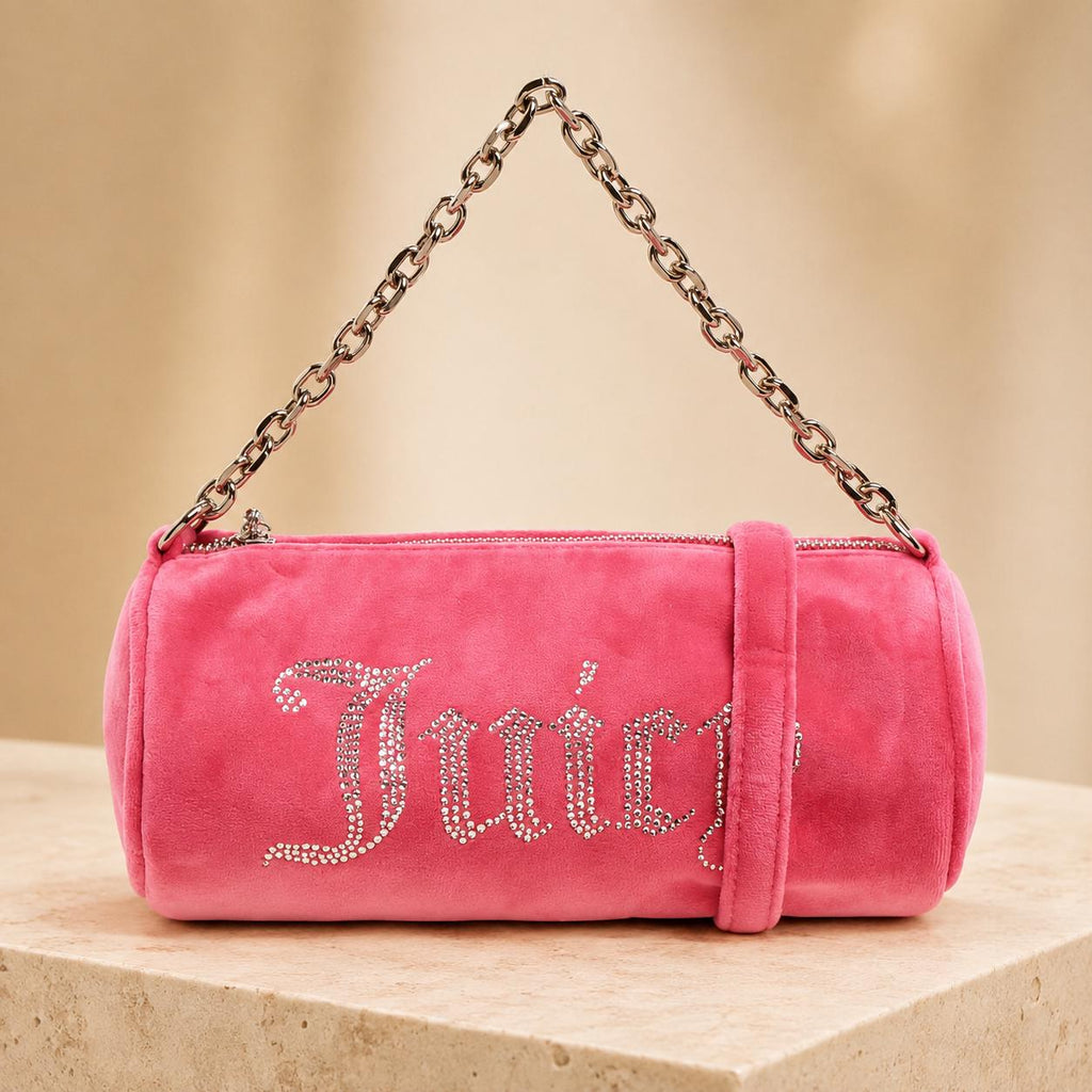 Juicy Couture Pink Barrel Bag, Velour Shoulder Bag, Rhinestone Logo Handbag, Silver Chain Purse, Pink Handbag, Gift for Her