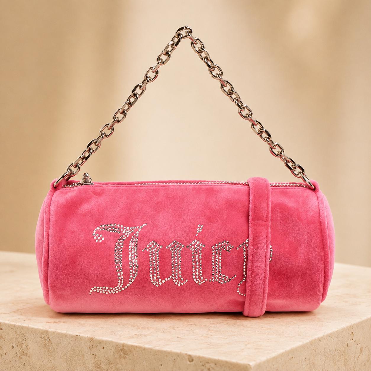 Juicy Couture Pink Barrel Bag, Velour Shoulder Bag, Rhinestone Logo Handbag, Silver Chain Purse, Pink Handbag, Gift for Her