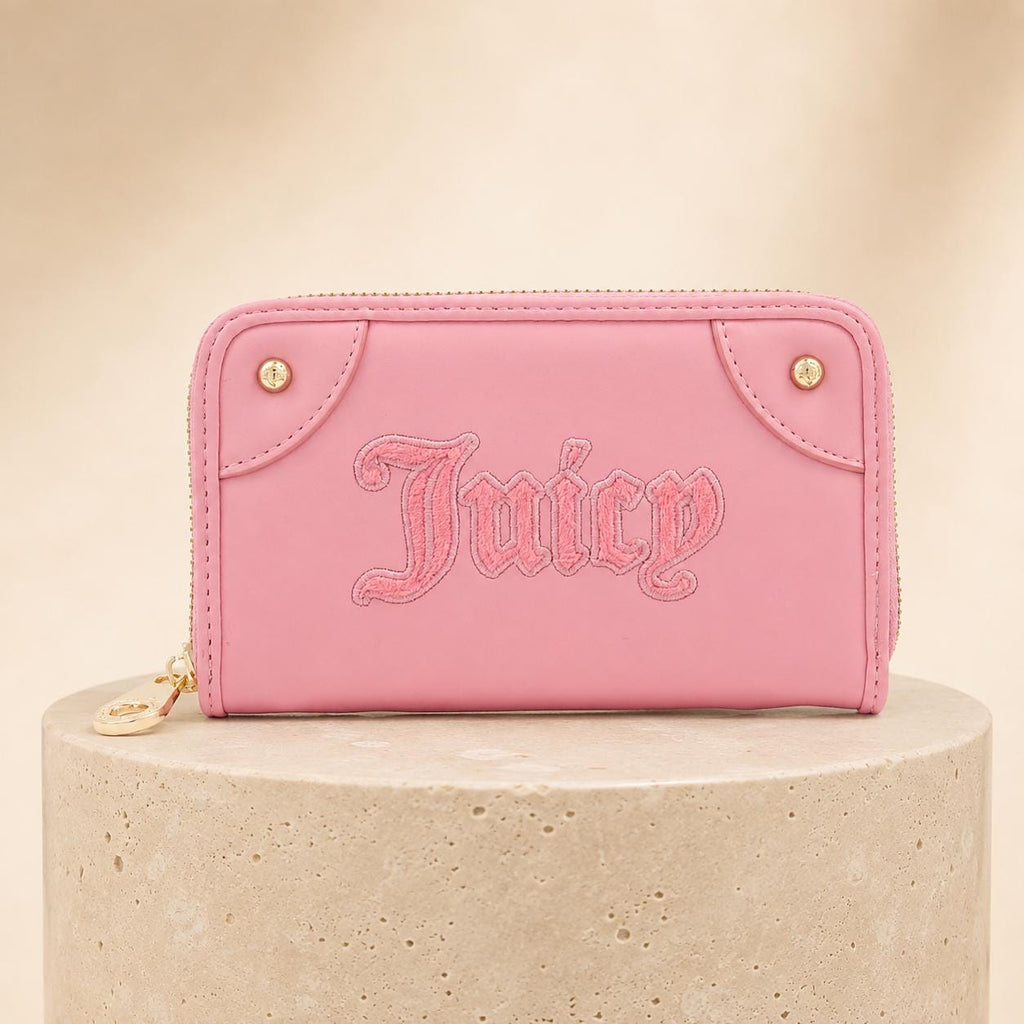 Juicy Couture Pink Zip Around Purse, Faux Leather Wallet, Wristlet, Card Holder, Gold Detail Womens Purse, Gift for Her