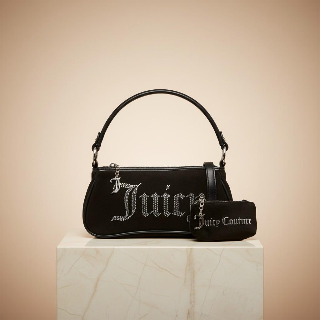 Juicy Couture Black Velvet Shoulder Bag, Rhinestone Handbag, Matching Pouch, Silver Charm Purse, Gift for Her