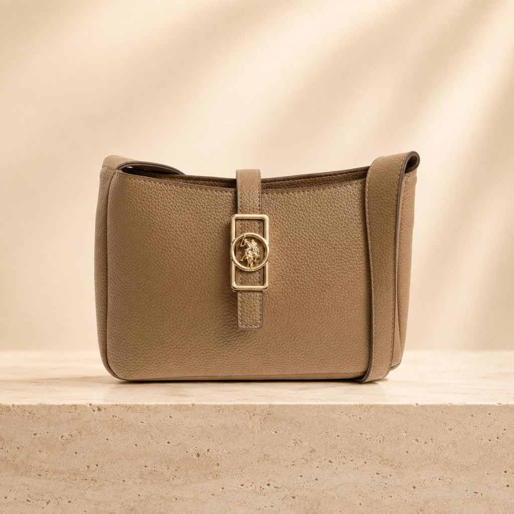 US Polo Assn Beige Shoulder Bag, Sun Faded Handbag, Adjustable Strap Purse, Gold Emblem Everyday Bag, Gift for Her