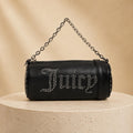 Juicy Couture Black Kimberly Barrel Shoulder Bag, Studded Logo Chain Bag, Silver Hardware, Women’s Designer Handbag