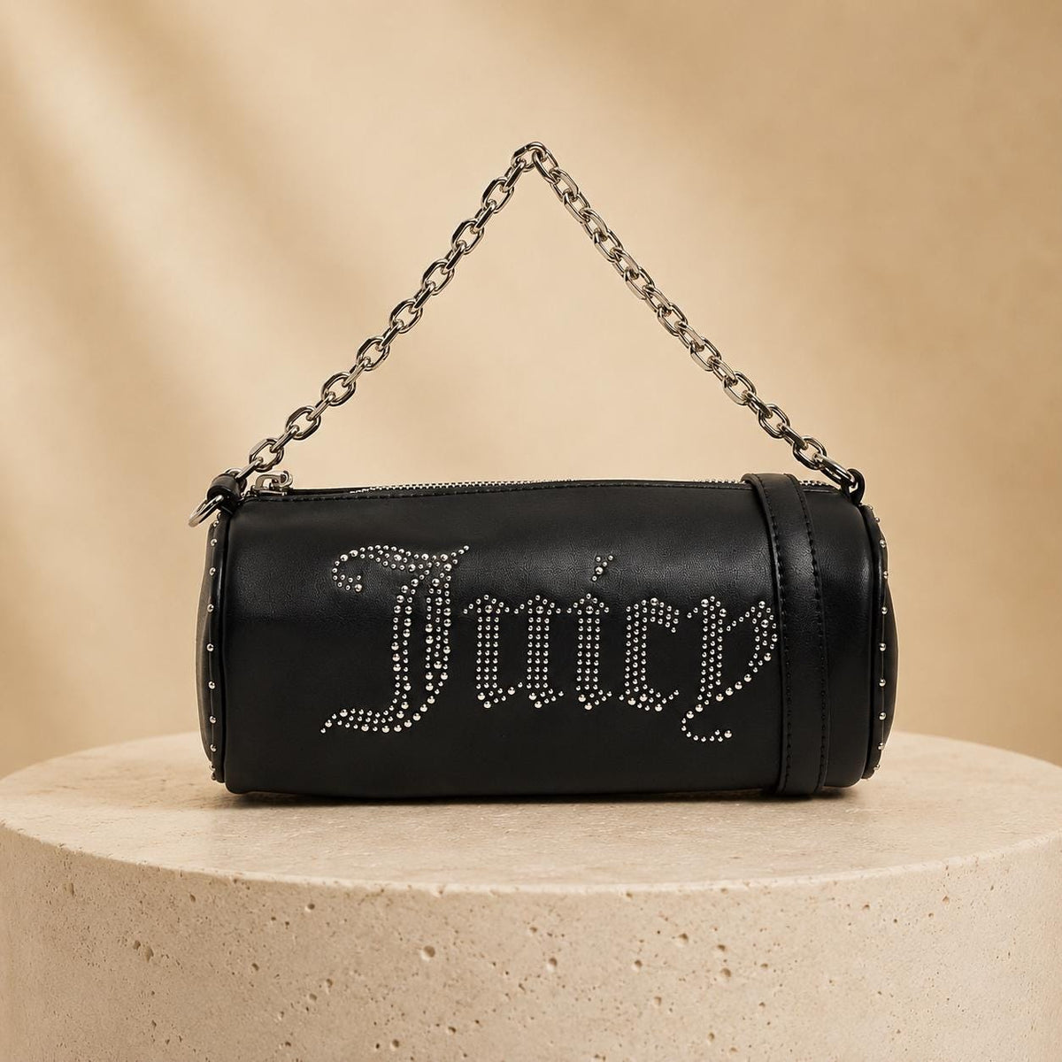 Juicy Couture Black Kimberly Barrel Shoulder Bag, Studded Logo Chain Bag, Silver Hardware, Women’s Designer Handbag