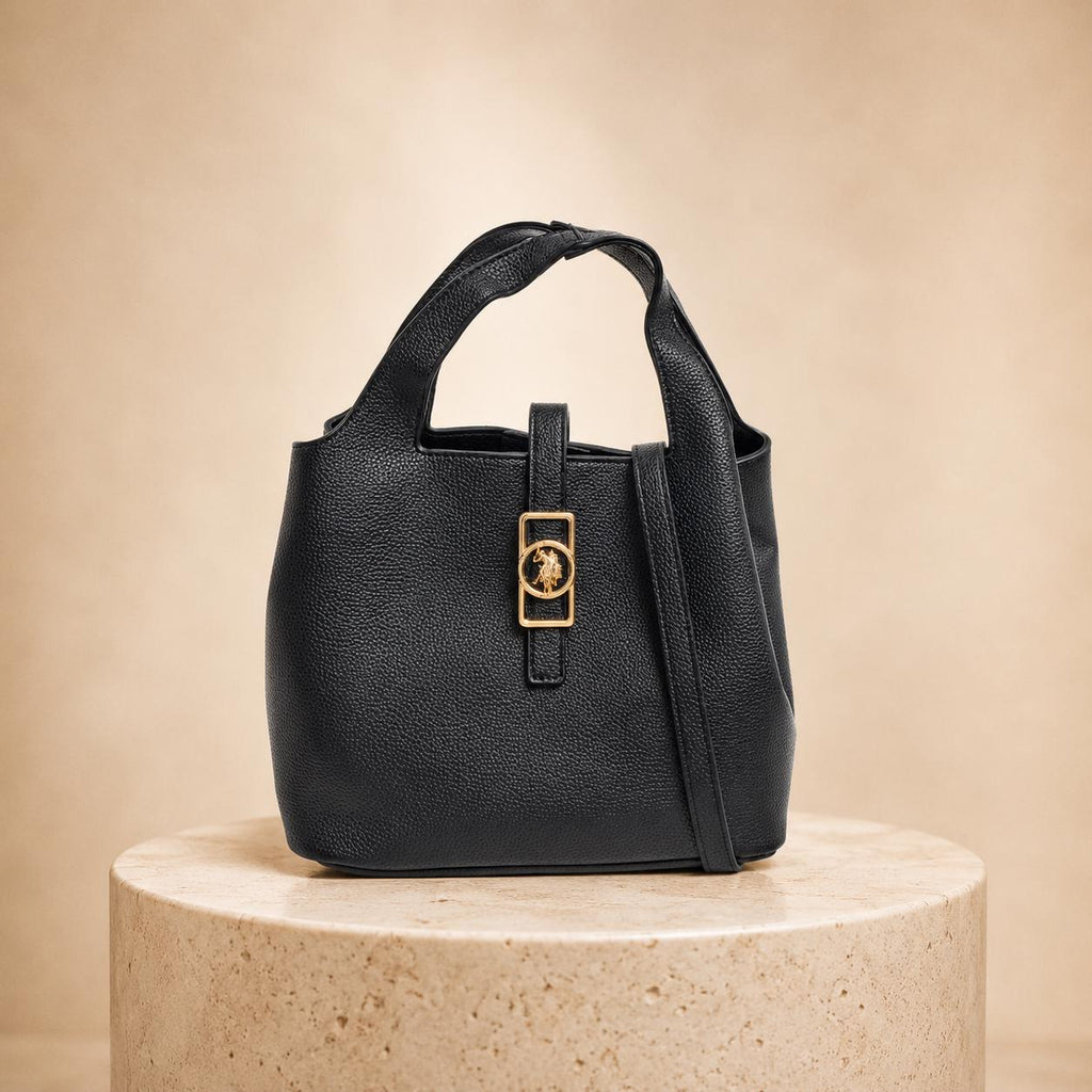 US Polo Assn Black Bucket Bag, Womens Pebbled Handbag, Shoulder Crossbody Bag, Gold Logo Tote, Everyday Designer Style Gift for Her