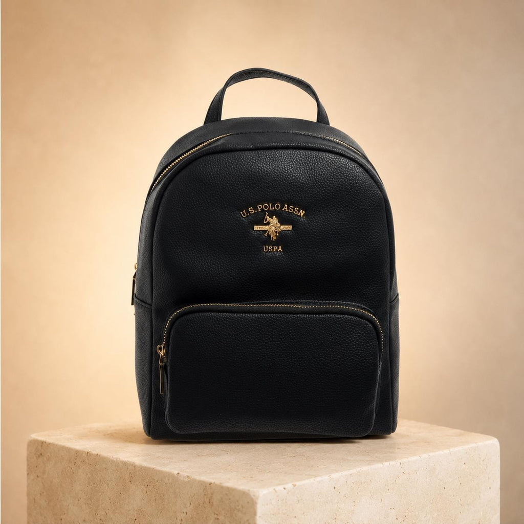 U.S. Polo Assn Black Backpack, Womens Backpack, Gold Hardware Rucksack, Adjustable Shoulder Straps, Everyday Travel Bag